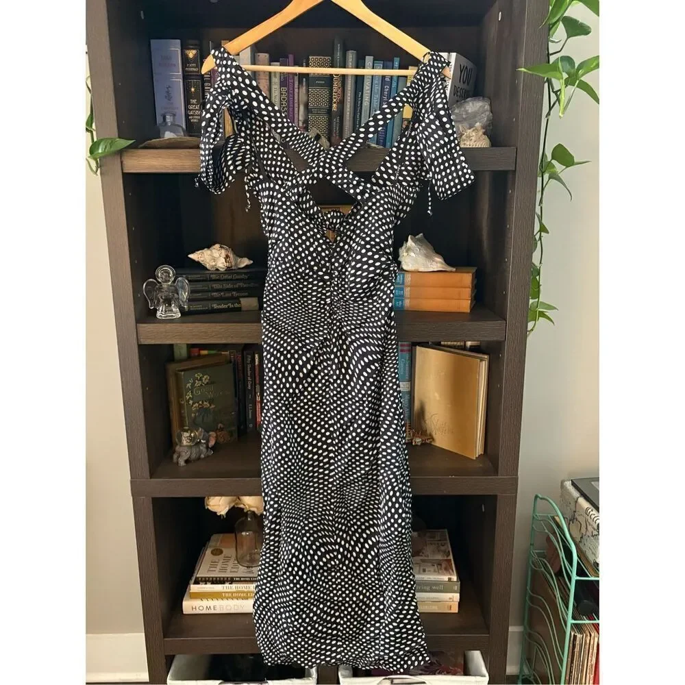 NWT For Love & Lemons Beth Black & White Polka Dot Midi Dress Size Small